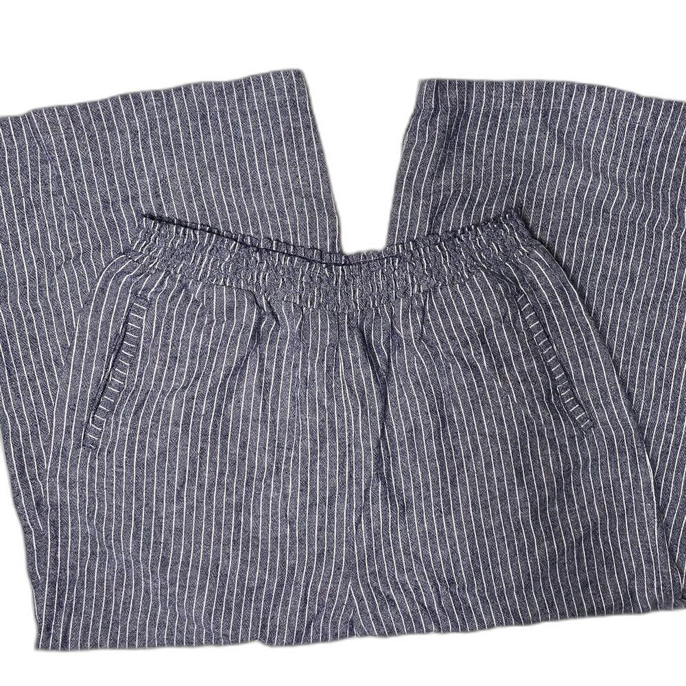 Laurie Felt Linen Pants Womens L Striped Wide Leg Crop Elastic High Waist Blue